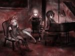  1girl 2boys bare_shoulders black_hair blindfold emil_(nier) instrument kaine_(nier) multiple_boys nier nier_(young) piano short_hair sitting 