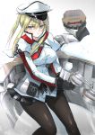  1girl blonde_hair blue_eyes breasts capelet fukuroumori gloves graf_zeppelin_(kantai_collection) hat kantai_collection long_hair looking_at_viewer pantyhose peaked_cap ribbon simple_background solo uniform 