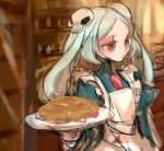  1girl amulet apron bloody_marie_(skullgirls) cake commentary_request food from_side hair_ornament half-closed_eyes holding maid notoro plate red_eyes silver_hair skull skull_hair_ornament skullgirls solo twintails 
