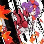  1girl commentary_request falling_leaves hair_ornament leaf looking_at_viewer lowres maple_leaf notoro purple_hair red_eyes rope shimenawa short_hair sketch solo tears touhou yasaka_kanako 