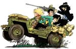  1girl 3boys arsene_lupin_iii axe bag belt black_hair blonde_hair browning_m2 bullet camouflage closed_eyes fedora formal grass gun hat heavy_machine_gun ishikawa_goemon_xiii jeep jigen_daisuke katana lupin_iii machine_gun mine_fujiko motor_vehicle multiple_boys neckerchief necktie ootsuka_yasuo rifle satchel sheath sheathed shovel suit sword vehicle weapon worktool 