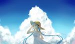  1girl absurdres aqua_eyes aqua_hair arm_behind_back blue_sky clouds hat hatsune_miku highres holding holding_hat long_hair sky solo straw_hat twintails vocaloid 