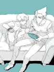  2boys brown_hair couch handheld_game_console kazuma_(scryed) multiple_boys nintendo_ds playing_games scryed short_hair sitting straight_cougar 