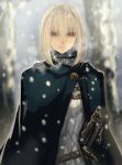 1girl bangs belt blonde_hair breath buckle cloak closed_mouth copyright_request gloves knight looking_at_viewer red_eyes short_hair shrimp_platter snowing solo sword tree upper_body weapon 
