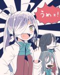  3girls asashimo_(kantai_collection) black_hair brown_eyes grey_hair hair_over_one_eye hayashimo_(kantai_collection) itomugi-kun kantai_collection kiyoshimo_(kantai_collection) long_hair multiple_girls open_mouth pocky ponytail school_uniform silver_hair smile translated 