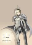  1girl armor blonde_hair bodysuit cape character_name clare_(claymore) claymore claymore_(sword) collarbone copyright_name engrish grey_eyes highres huge_weapon pauldrons ranguage shadow simple_background solo weapon 