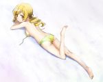  1girl ass bare_back barefoot bikini blonde_hair breasts drill_hair kinfuji legs long_hair looking_at_viewer lying mahou_shoujo_madoka_magica on_stomach sideboob solo swimsuit tomoe_mami twin_drills twintails untied untied_bikini yellow_eyes 