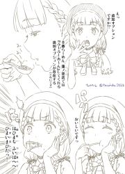  1girl artist_name beret blowing_on_food braid center-flap_bangs chinese_spoon commentary eating failure food_in_mouth frilled_sleeves frills furigana hachiban_ramen hachiban_ramen_uniform hair_ribbon hat highres holding holding_spoon kachimachi_kosuzu link!_like!_love_live! long_hair love_live! low_twintails multiple_views neck_ribbon official_alternate_costume puffy_short_sleeves puffy_sleeves ribbon short_sleeves side_braids spoon tanohito translation_request twintails twitter_username utensil_in_mouth virtual_youtuber 