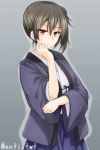  1girl anti_(untea9) bangs black_hair brown_eyes commentary cowboy_shot frown grey_background hakama hakama_skirt hand_on_own_chin highres japanese_clothes kaga_(kantai_collection) kantai_collection long_sleeves short_hair side_ponytail simple_background solo twitter_username 