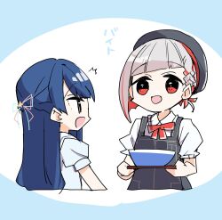  2girls :d alternate_costume apron beret black_apron black_hat blue_hair bowl braid collared_shirt colored_inner_hair commentary_request diagonal_bangs frilled_shirt_collar frills grey_hair hachiban_ramen hachiban_ramen_uniform hasu_no_sora_school_uniform hat highres holding holding_tray kanduki_kamibukuro link!_like!_love_live! looking_at_another love_live! multicolored_hair multiple_girls murano_sayaka neck_ribbon open_mouth part_time_job puffy_short_sleeves puffy_sleeves red_eyes red_hair red_ribbon ribbon sailor_collar school_uniform shirt short_hair short_sleeves side_braid smile streaked_hair summer_uniform tray virtual_youtuber white_sailor_collar white_shirt yugiri_tsuzuri 