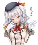  1girl beret blush bow bowtie buttons epaulettes frilled_sleeves frills gloves grey_eyes hat hat_bow head_tilt heart kantai_collection kashima_(kantai_collection) looking_at_viewer mouth_hold nishimura_nike red_ribbon ribbon short_hair shoulder_pads simple_background solo translated two_side_up undressing uniform upper_body white_background white_gloves white_hair 