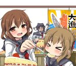  &gt;_&lt; 4girls akatsuki_(kantai_collection) anchor_symbol blue_eyes blush blush_stickers brown_eyes brown_hair cake closed_eyes commentary_request eating fang feeding folded_ponytail food hibiki_(kantai_collection) ikazuchi_(kantai_collection) inazuma_(kantai_collection) kantai_collection long_hair looking_at_viewer multiple_girls neckerchief open_mouth oshiruko_(uminekotei) outstretched_arms purple_hair school_uniform serafuku silver_hair sparkle spoon tairyou-bata 