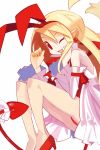  1girl ;d blonde_hair bow demon_tail detached_sleeves disgaea earrings fang flonne flonne_(fallen_angel) hair_bow hairband heart heart_earrings high_heels jewelry leotard long_hair makai_senki_disgaea one_eye_closed open_mouth pointy_ears red_bow red_eyes red_shoes shoes smile solo tail tail_bow white_background white_bow yuuki_(irodo_rhythm) 