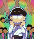  6+boys :&gt; arkr_s brothers character_name choromatsu faceless faceless_male hands highres ichimatsu itoshiki_nozomu itoshiki_nozomu_(cosplay) japanese_clothes jyushimatsu kamiya_hiroshi karamatsu layered_clothing male_focus multiple_boys noose osomatsu-kun osomatsu-san osomatsu_(osomatsu-kun) rainbow_background sayonara_zetsubou_sensei seiyuu_connection sextuplets shibari siblings signature smile solo_focus sweat todomatsu 