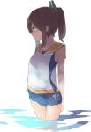  1girl bare_shoulders blush brown_eyes brown_hair i-401_(kantai_collection) kantai_collection one-piece_swimsuit ponytail roll_okashi sailor_collar school_swimsuit school_uniform short_hair short_ponytail smile solo swimsuit swimsuit_under_clothes tan wading 