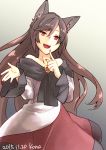  1girl animal_ears artist_name bare_shoulders blush brooch brown_hair dated dress fang fingernails gradient gradient_background highres imaizumi_kagerou jewelry kona_(silent913) long_hair long_sleeves looking_at_viewer nail_polish open_mouth red_eyes smile solo touhou wide_sleeves wolf_ears 