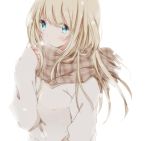  1girl :o bangs blonde_hair blue_eyes blush breath brown_scarf checkered_scarf eyes_visible_through_hair hiro_(hirohiro31) long_hair long_sleeves looking_at_viewer original scarf simple_background snow snowing sweater upper_body white_background winter_clothes 