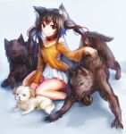  1girl animal animal_ears bare_shoulders between_legs borrowed_character brown_fur brown_hair choker collarbone dog freeze-ex grey_background hair_ribbon hand_between_legs long_hair long_sleeves off_shoulder original petting pleated_skirt red_ribbon ribbon shirt simple_background sitting skirt smile solo twintails wariza white_fur white_skirt yellow_shirt 