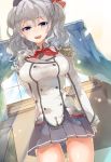  1girl blue_eyes breasts kantai_collection kashima_(kantai_collection) large_breasts long_hair meru_(merumumu) military military_uniform miniskirt open_mouth silver_hair skirt smile solo twintails uniform 