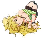  1girl absurdres akizuki_ritchan blonde_hair breasts cleavage green_eyes highres hoshii_miki idolmaster jewelry long_hair lying on_back one_eye_closed pendant simple_background smile solo striped wavy_mouth white_background 