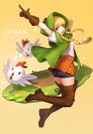 1girl artist_name bird blonde_hair blue_eyes boots braid brown_gloves brown_legwear character_name chicken copyright_name dated gloves highres hood linkle long_hair open_mouth ruru_(lulubuu) solo the_legend_of_zelda thigh-highs thigh_boots twin_braids yellow_background zelda_musou 