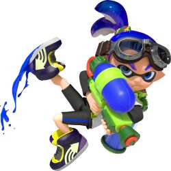  1boy 3d bike_shorts black_undershirt blue_eyes blue_hair closed_mouth dynamic_pose eye_mask frown full_body goggles goggles_on_head gradient_hair highres holding holding_weapon ink_tank_(splatoon) inkling inkling_boy inkling_player_character john_(splatoon) long_sleeves looking_at_viewer multicolored_hair official_art purple_shoes shirt shoelaces shoes short_sleeves sneakers solo splatoon_(series) splatoon_1 splattershot_(splatoon) spotted_hair suction_cups t-shirt tentacle_hair thick_eyebrows transparent_background two-tone_hair v-shaped_eyebrows weapon white_shirt 