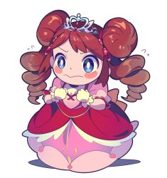  1girl blue_eyes blush_stickers bright_pupils brown_hair chibi chibi_only closed_mouth double_bun dress drill_hair flying_sweatdrops gloves hair_bun hair_ornament highres layered_dress long_hair pink_dress pokemon pokemon_bw2 pokestar_studios rosa_(pokemon) selyg15 short_sleeves solo tiara twin_drills twintails white_gloves white_pupils 
