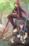  1boy 1girl akatsuki_sora bandages bird black_gloves black_hair blood blue_hair covered_navel fate/grand_order fate_(series) gae_bolg gloves highres holding_weapon lancer_(fate/prototype) long_hair one_eye_closed outdoors polearm red_eyes scathach_(fate/grand_order) sitting spaulders spear tree weapon 