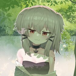  1girl absurdres coat exhex_(hexieshizhe) green_background grey_hair half-closed_eye highres loli murasame_(warship_girls_r) overcoat red_eyes short_twintails shoulder_tattoo solo summer tattoo twintails warship_girls_r 