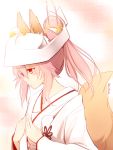  1girl animal_ears caster_(fate/extra) fate/extra fate/grand_order fate_(series) fox_ears fox_tail japanese_clothes kurikara pink_hair signature solo tagme tail yellow_eyes 