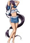  1girl absurdly_long_hair absurdres black_hair breasts cleavage grey_eyes hair_over_one_eye highres ikkitousen incredibly_absurdres kan&#039;u_unchou long_hair looking_at_viewer low-tied_long_hair miniskirt navel simple_background skirt solo tied_hair very_long_hair white_background 