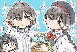  2girls :| ;) apron basket beret blue_background blush braid closed_mouth collared_shirt commentary_request expressionless frilled_shirt_collar frills grey_apron grey_hat hachiban_ramen hachiban_ramen_uniform hair_ornament hasu_no_sora_school_uniform hat highres holding holding_basket katsuragi_izumi link!_like!_love_live! long_hair love_live! low_twin_braids momose_ginko multiple_girls multiple_views official_alternate_costume one_eye_closed outline parted_lips puffy_short_sleeves puffy_sleeves puripuri_hurai school_uniform shirt short_sleeves simple_background smile sparkle split_mouth sweatdrop triangle_hair_ornament twin_braids upper_body v-shaped_eyebrows virtual_youtuber white_outline white_shirt 