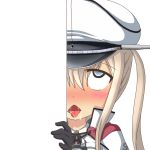  1girl ahegao anchor black_gloves blonde_hair blue_eyes blush cape drooling gloves graf_zeppelin_(kantai_collection) hair_between_eyes hat jacket kantai_collection nagineko open_mouth peeking_out saliva solo tongue tongue_out transparent_background tsurime twintails 