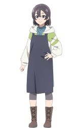  1girl apron black_apron black_hair blue_shirt boots brown_boots closed_mouth collared_shirt full_body genjitsu_no_yohane green_jacket hand_on_own_hip highres hood hooded_jacket jacket long_sleeves love_live! love_live!_sunshine!! official_art open_clothes open_jacket shirt short_hair simple_background smile solo split_mouth standing tachi-e transparent_background tsuki_(genjitsu_no_yohane) violet_eyes watanabe_tsuki 