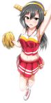  1girl :d alphe anchor arm_up armpits bare_arms black_hair blush breasts cheerleader collarbone hair_between_eyes haruna_(kantai_collection) headgear highres kantai_collection long_hair looking_at_viewer navel open_mouth pleated_skirt pom_poms red_skirt shoes simple_background skirt smile socks solo sportswear standing standing_on_one_leg stomach sweatdrop uniform white_background white_legwear white_shoes 