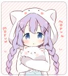  1girl :3 =_= alternate_hairstyle angora_rabbit animal_hood blue_eyes blush braid bunny_hood diagonal_stripes gochuumon_wa_usagi_desu_ka? hair_ornament hairpin holding_animal kafuu_chino looking_at_viewer purple_hair rabbit striped striped_background tippy_(gochuumon_wa_usagi_desuka?) twin_braids ususa70 