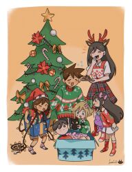  2girls 4boys alternate_costume antenna_hair aubrey_(faraway)_(omori) aubrey_(omori) basil_(faraway)_(omori) basil_(omori) black_hair blonde_hair blue_eyes bow box brother_and_sister brothers brown_hair brown_shorts candy candy_cane cat christmas christmas_lights christmas_sweater christmas_tree closed_eyes closed_mouth collared_shirt cookie dark-skinned_male dark_skin flower food gift gift_box hair_bow hair_flower hair_ornament hashibi_(noyasakihashibi) hat hero_(faraway)_(omori) hero_(omori) highres holding holding_plate holding_stuffed_toy kel_(faraway)_(omori) kel_(omori) long_hair long_sleeves mari_(faraway)_(omori) mari_(omori) mewo mr._plantegg_(omori) multiple_boys multiple_girls omori open_mouth pink_bow plate pout red_hat red_socks red_sweater santa_hat shirt short_hair short_sleeves shorts siblings sitting skirt socks stuffed_eggplant stuffed_toy sunny_(omori) sweater teeth tongue tongue_out upper_teeth_only white_shirt white_skirt 