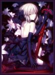  1girl artist_request black_dress black_gloves black_legwear black_ribbon blonde_hair dress elbow_gloves fate/grand_order fate/stay_night fate_(series) flower gloves hair_ribbon kneeling looking_at_viewer ribbon saber saber_alter solo source_request strapless_dress sword thigh-highs weapon yellow_eyes 