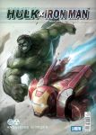  2boys abs barcode black_hair blurry character_name clenched_teeth cover fake_cover green_eyes green_skin highres hulk iron_man lanbow2000 male_focus marvel multiple_boys muscle power_armor shirtless veins 
