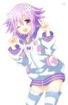  1girl blush d-pad hair_ornament highres hoodie narinn neptune_(choujigen_game_neptune) neptune_(series) one_eye_closed purple_hair smile solo v violet_eyes 