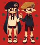  1boy 1girl beret bike_shorts domino_mask hat highres inkling long_hair ma-to mask pointy_ears sailor_collar shoes smile splatoon tentacle_hair 