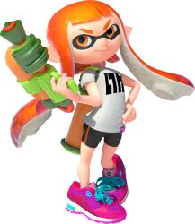  1girl 3d absurdres bare_arms bike_shorts eye_mask full_body gradient_hair highres holding holding_weapon ink_tank_(splatoon) inkling inkling_girl inkling_player_character kaori_(splatoon) long_hair looking_at_viewer multicolored_hair official_art orange_eyes orange_hair pink_shoes shirt shoelaces shoes short_eyebrows short_hair_with_long_locks sidelocks smile sneakers solo splatoon_(series) splatoon_1 splattershot_(splatoon) spotted_hair standing suction_cups t-shirt tentacle_hair thick_eyebrows transparent_background two-tone_hair v-shaped_eyebrows weapon white_shirt 