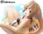  1girl ahoge bare_shoulders breasts character_name clouds innertube kantai_collection light_brown_hair long_hair looking_at_viewer looking_back lying murasame_(kantai_collection) on_back open_mouth red_eyes reflection smile solo swimsuit tokumaro twintails twitter_username very_long_hair water 
