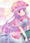  1girl absurdres blue_eyes blush book capelet crescent_hair_ornament dress expressionless gradient gradient_background hair_ornament hat hige_(nyokanyoka) highres lace_background long_hair looking_at_viewer mob_cap patchouli_knowledge purple_hair robe solo sparkle striped striped_dress touhou very_long_hair 