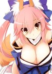  1girl animal_ears bare_shoulders blush bow breasts caster_(fate/extra) cleavage detached_sleeves fate/extra fate/grand_order fate_(series) fox_ears fox_tail hair_bow hair_ribbon japanese_clothes kurikara large_breasts long_hair looking_at_viewer pink_hair ribbon signature simple_background solo tail twintails white_background yellow_eyes 