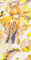  1girl absurdres arknights bare_shoulders bead_bracelet beads blonde_hair blue_hair bracelet colored_extremities commentary_request dragon_girl dragon_horns dragon_tail earrings eastern_dragon_tail gradient_hair gradient_horns grey_hair hair_between_eyes hair_intakes hair_ornament hair_stick highres horns jacket jewelry long_hair long_sleeves looking_at_viewer multicolored_hair multicolored_horns off_shoulder open_clothes open_jacket pointy_ears puffy_long_sleeves puffy_sleeves shirt shu_(arknights) skirt solo songchuan_li strapless strapless_shirt tail tassel tassel_earrings tube_top white_jacket white_shirt white_skirt white_tail white_tube_top yellow_hands 