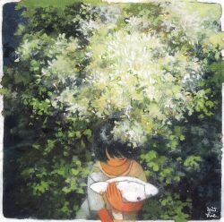  1girl black_hair border branch closed_eyes face_in_shadow hgreeee holding holding_stuffed_toy hugging_object in_shadow leaf leaf_on_head looking_down original outdoors plant short_hair solo stuffed_animal stuffed_toy sunlight tree under_tree white_border 