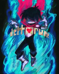  1other :| absurdres androgynous armor artist_name black_bodysuit black_hair bodysuit bodysuit_under_clothes breastplate cape closed_mouth colored_skin copyright_name covered_eyes deltarune full_body gauntlets glint greaves grey_skin heart highres kornart kris_(dark_world)_(deltarune) kris_(deltarune) other_focus pauldrons pink_cape shaded_face short_hair shoulder_armor solo 