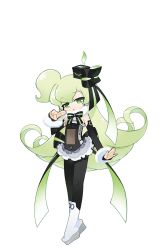  1girl :o akatsuki_gomoku apple_inc. back_bow black_pantyhose boots bow detached_sleeves frilled_skirt frills full_body fur_collar fur_cuffs green_eyes green_hair headgear headphones highres layered_skirt long_hair macintosh macne_nana_petit macne_series miniskirt multicolored_bow negative_space official_art one_side_up pantyhose platform_boots second-party_source shirt skirt strapless strapless_shirt tachi-e transparent_background very_long_hair white_boots 
