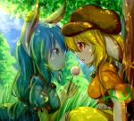  2girls absurdres animal_ears blonde_hair blue_hair crop_top dango dappled_sunlight dior-zi ear_clip eye_contact food grass hat head_to_head highres long_hair looking_at_another low-tied_long_hair multiple_girls rabbit_ears red_eyes ringo_(touhou) seiran_(touhou) sitting sky smile tears touhou transparent under_tree wagashi 